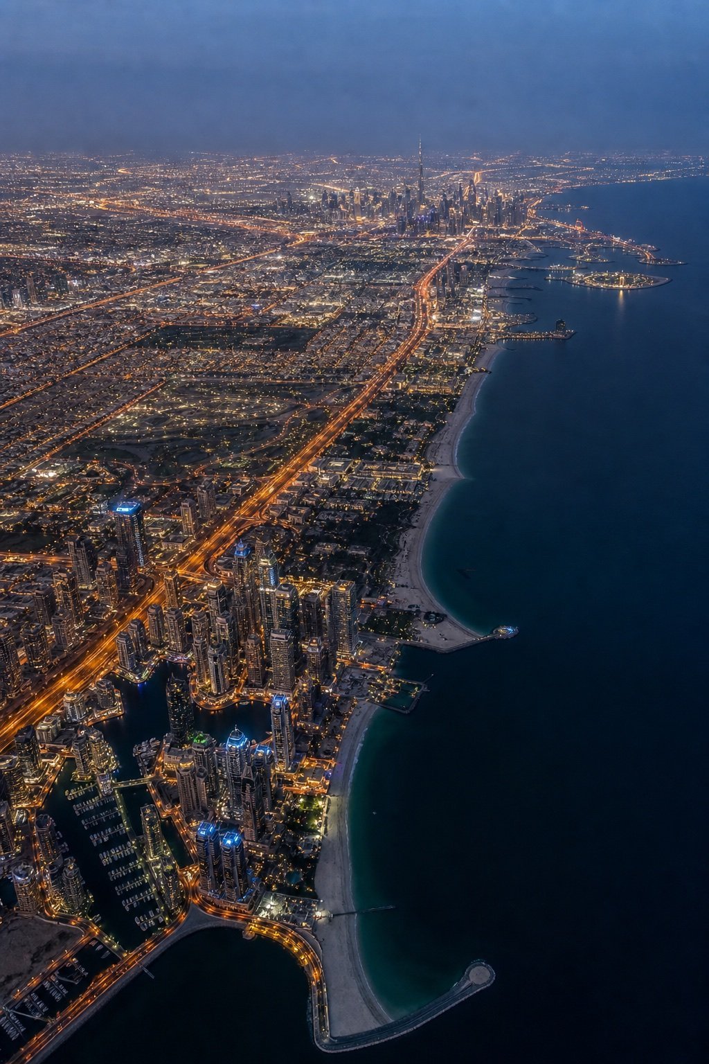 Night aerial view of Dubai and its coastline