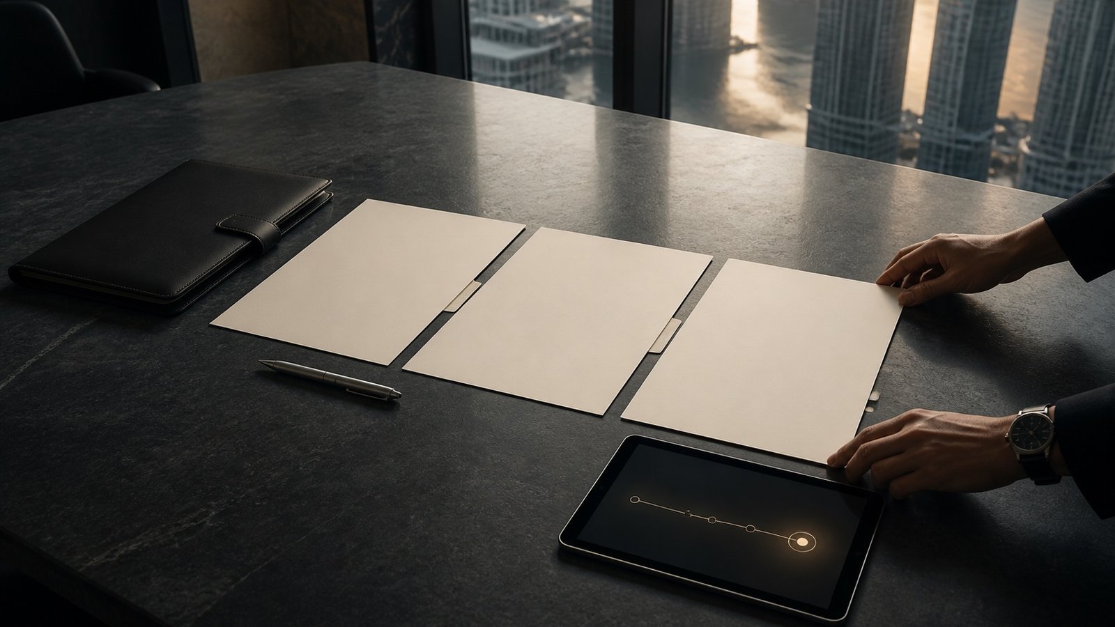 Organised blank documents and a connected path on a dark table in a Dubai office