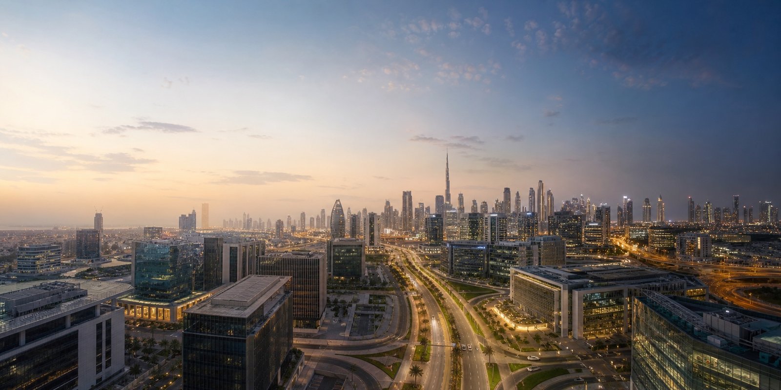 A panoramic Dubai business district evolving from morning to blue hour