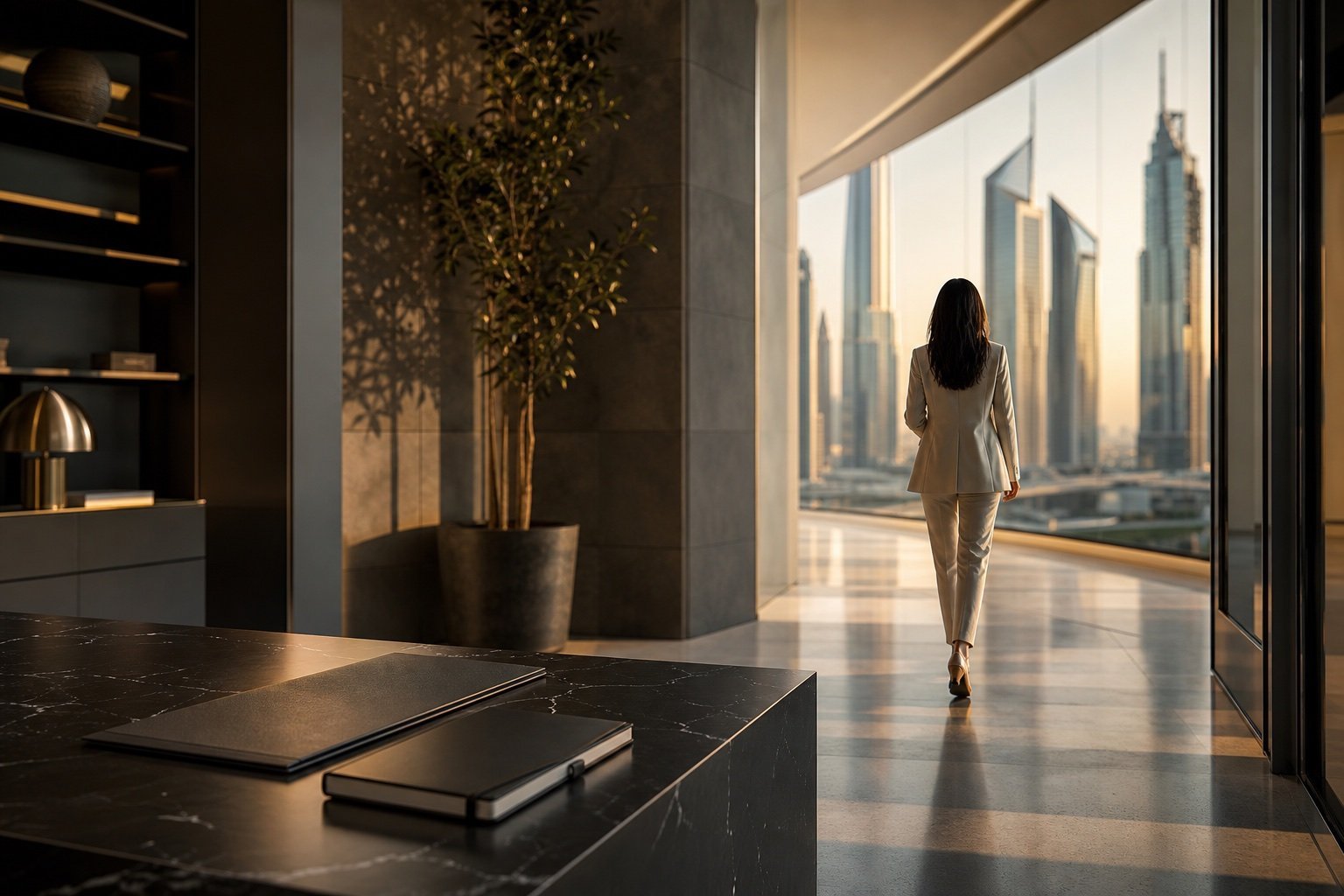 An entrepreneur moving toward the Dubai skyline while an organised folder remains on a desk